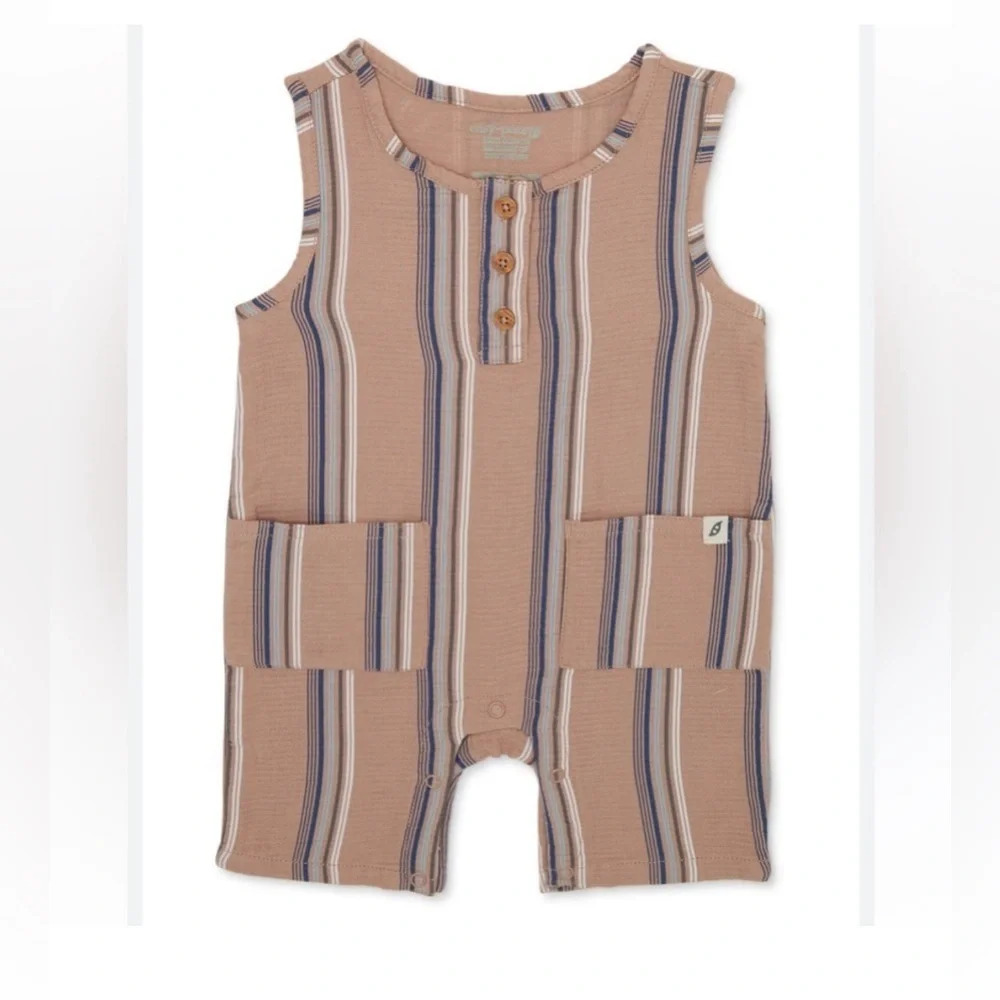 Easy Peasy Beige and Blue Striped Romper Size 0-3 Months 100% Cotton